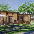 Scenic Wooden House Exterior With Lawn Trees Umbrellas Tables And Chairs