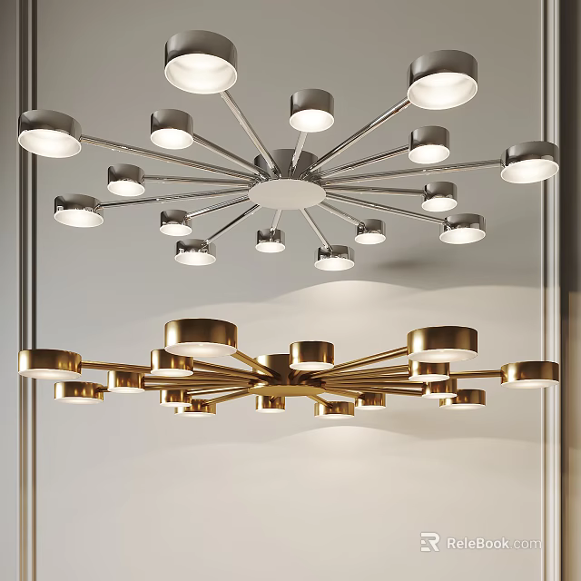 Modern Minimalist Ceiling Light With Silver And Gold Metal Arms Multiple Lamp Heads 3d model 