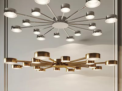 Modern Minimalist Ceiling Light With Silver And Gold Metal Arms Multiple Lamp Heads 3d model