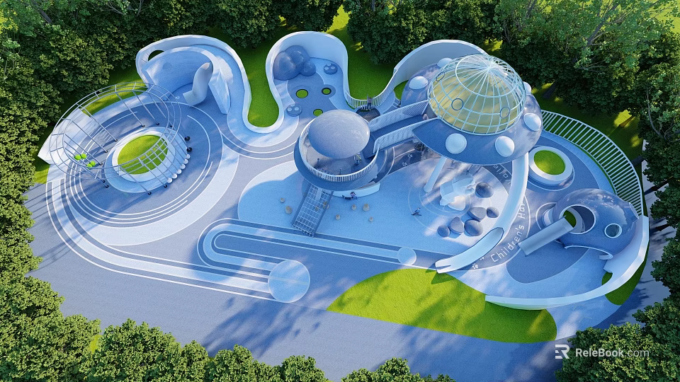 Modern Kids Play Area Featuring Slides Dome Structures Green Lawns And Trees 3d model 