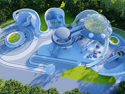 Modern Kids Play Area Featuring Slides Dome Structures Green Lawns And Trees 3d model