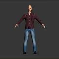 Bald Man Wearing Red Black Striped Shirt Blue Jeans Black Shoes Arms Outstretched Gray Background