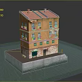 Orange Exterior Three Story Residential Building With Red Roof Green Doors And Multiple Windows