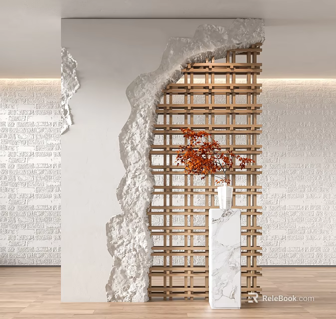 Modern Wooden Lattice Partition with Red Leaves Decoration and White Brick Wall 3d model 