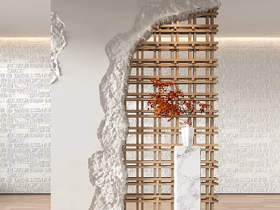 Modern Wooden Lattice Partition with Red Leaves Decoration and White Brick Wall 3d model