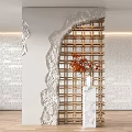 Modern Wooden Lattice Partition with Red Leaves Decoration and White Brick Wall