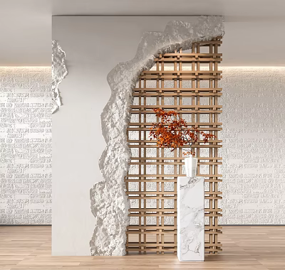 Modern Wooden Lattice Partition with Red Leaves Decoration and White Brick Wall 3d model