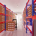 Organized Warehouse Storage Area With Red Blue Racks Stacked Boxes And Green Forklift
