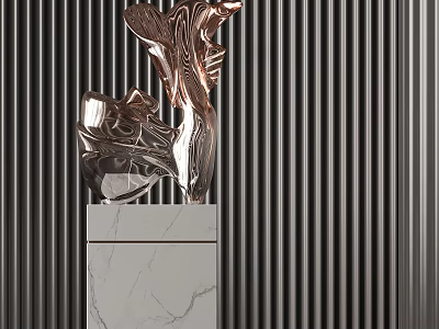 Sleek Metallic Sculpture with Rose Gold Hue on Marble Pedestal Against Black Striped Wall 3d model