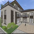 Modern Two Story Detached Villa With Balconies Courtyard Green Plants And Stone Pavement