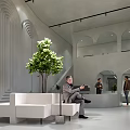 Modern Café Interior With Arched Structures Large Windows White Sofa Green Plant And Customers Relaxing