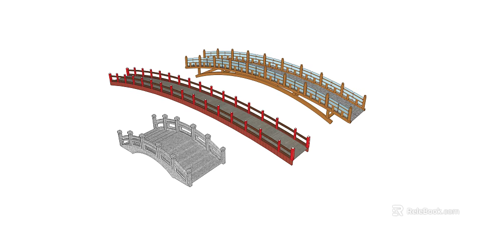 Different Types of Traditional and Modern Bridge Structures with Red Railings and Stone Design 3d model 