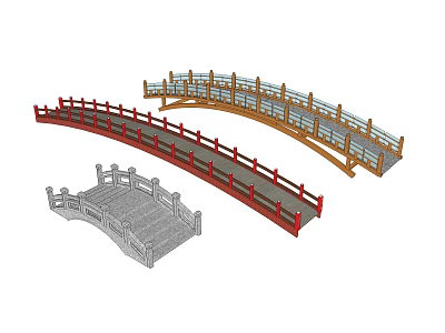 Different Types of Traditional and Modern Bridge Structures with Red Railings and Stone Design 3d model