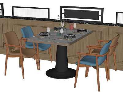 Stylish Dining Table Set With Gray Tabletop Black Leg Blue And Brown Chairs Wooden Wall 3d model