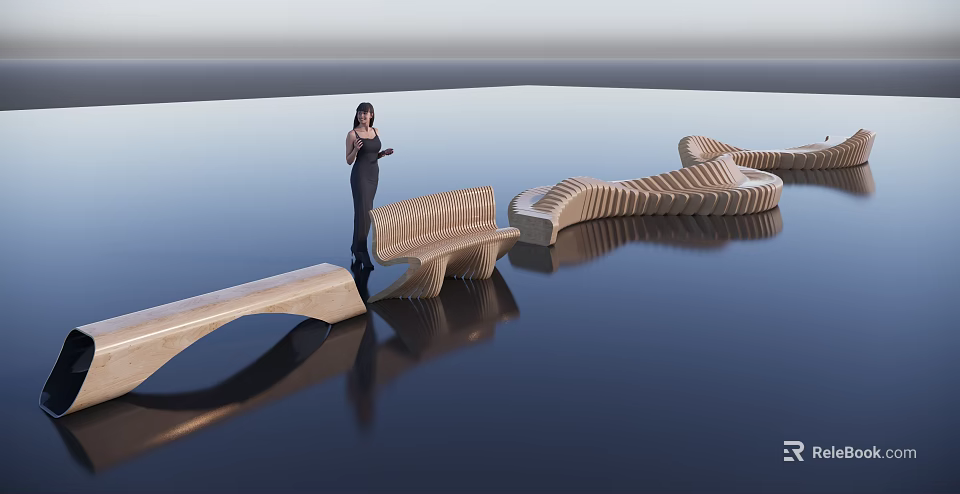 Modern Stylish Outdoor Chair With Wave Design On Wooden Waterfront Structure 3d model 