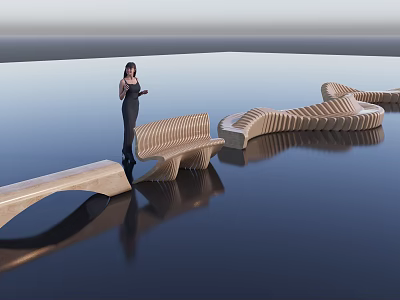 Modern Stylish Outdoor Chair With Wave Design On Wooden Waterfront Structure 3d model