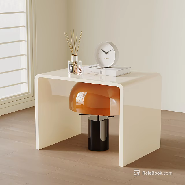 Modern White Bedside Table With Clock Diffuser Books And Orange Lamp 3d model
