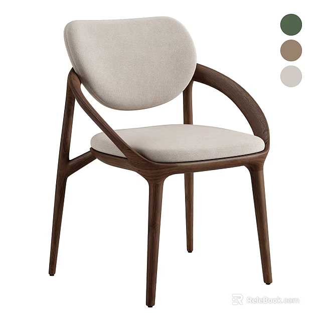 Modern Minimalist Dining Chair With Walnut Wood Frame Armrest And Beige Fabric Seat 3d model 