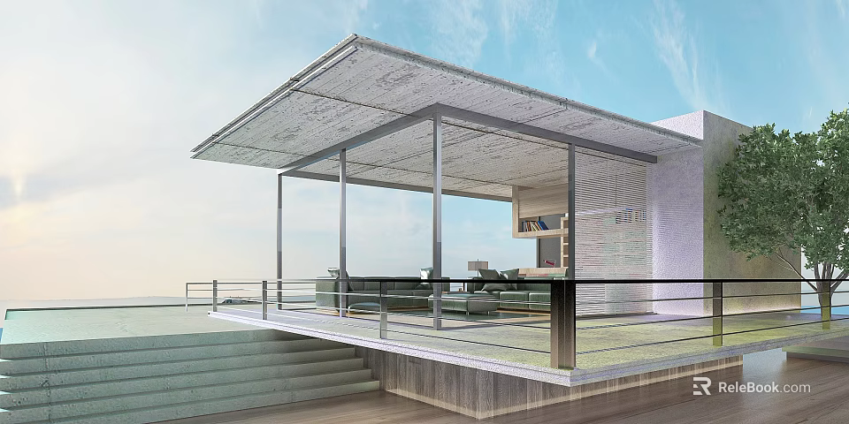 Modern Boutique Guesthouse Building with Glass Curtain Walls Open Terrace Sea View and Wooden Structure 3d model 