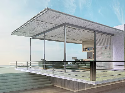 Modern Boutique Guesthouse Building with Glass Curtain Walls Open Terrace Sea View and Wooden Structure 3d model