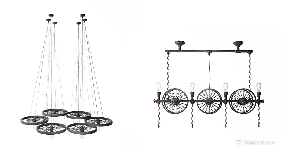 Unique Modern Chandeliers With Metal Chain Circular Shades And Industrial Wheel Design 3d model 
