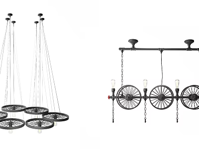 Unique Modern Chandeliers With Metal Chain Circular Shades And Industrial Wheel Design 3d model