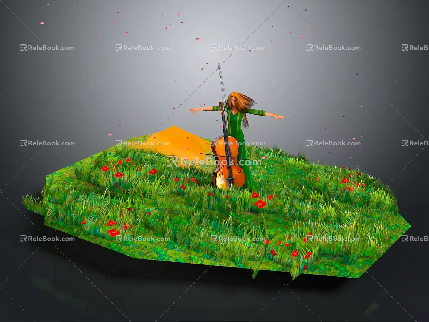 Modern game character playing guitar cello player playing piano 3d model