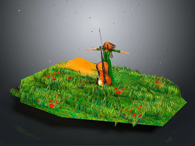 Game and Movie Character With Arms Open on Green Grass Near Cello and Red Flowers 3d model