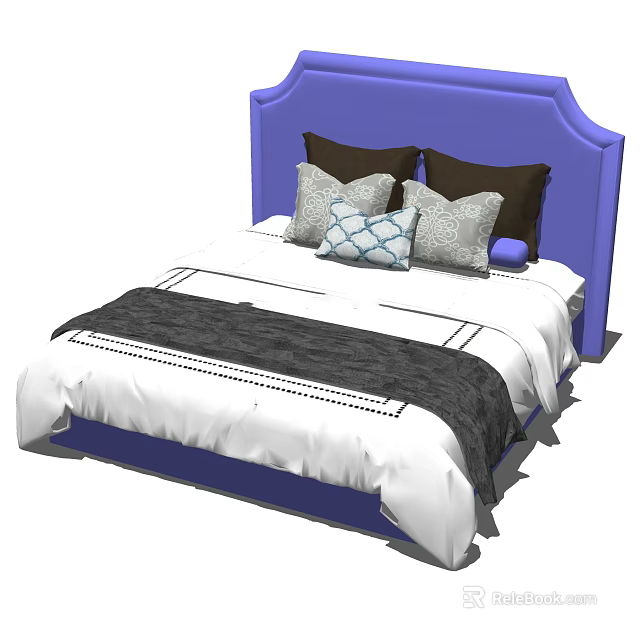 Stylish Double Bed with Purple Headboard White Sheets Multiple Pillows and Black Blanket 3d model