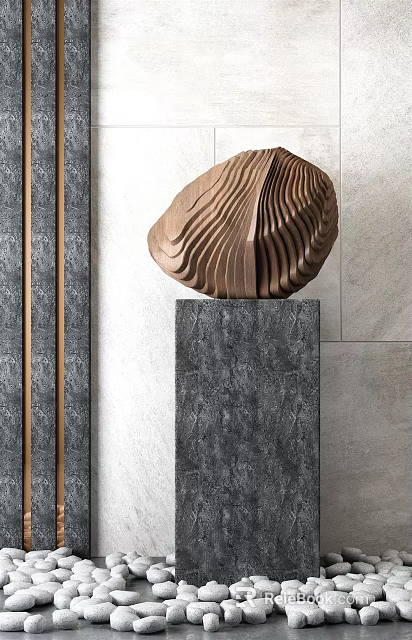 Artistic Wooden Carved Sculpture With Wavy Texture On Gray Stone Base 3d model 
