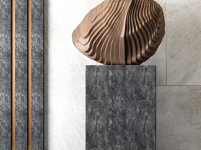 Artistic Wooden Carved Sculpture With Wavy Texture On Gray Stone Base 3d model