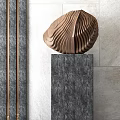 Artistic Wooden Carved Sculpture With Wavy Texture On Gray Stone Base