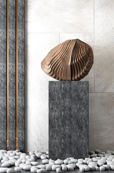 Artistic Wooden Carved Sculpture With Wavy Texture On Gray Stone Base 3d model