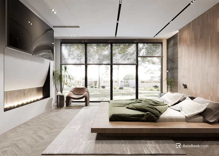 Modern Bedroom Interior With Large Windows Wooden Wall Platform Bed Green Blanket And White Pillows 3d model 