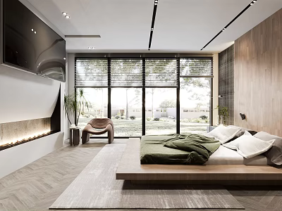 Modern Bedroom Interior With Large Windows Wooden Wall Platform Bed Green Blanket And White Pillows 3d model