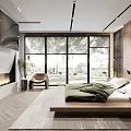 Modern Bedroom Interior With Large Windows Wooden Wall Platform Bed Green Blanket And White Pillows