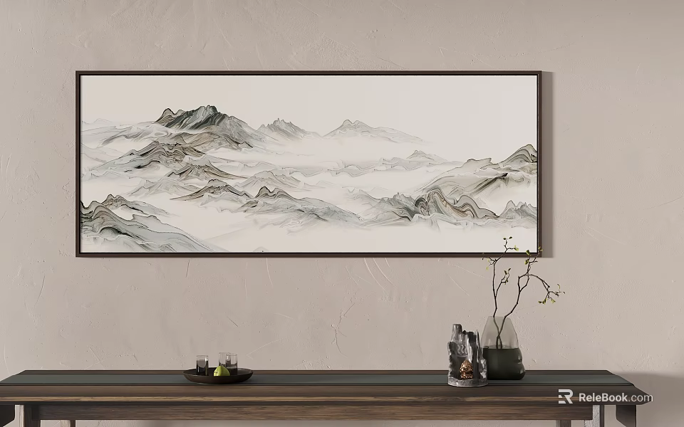 Traditional Chinese Ink Landscape Painting Wall Art For Interior Decor 3d model 
