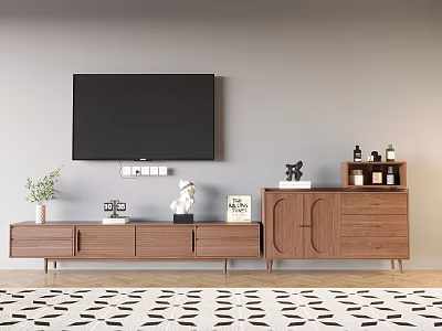 Wooden Sideboard Cabinet with TV Stand and Decorative Items in Modern Living Room 3d model