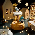 Festive Carousel Decoration With Blue Haired Figure Stars Small Houses And String Lights