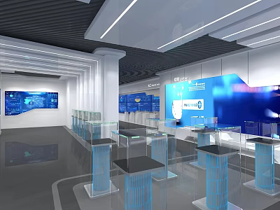 Modern Technology Exhibition Hall With Glass Display Cases And Blue Digital Screens 3d model
