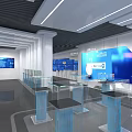 Modern Technology Exhibition Hall With Glass Display Cases And Blue Digital Screens