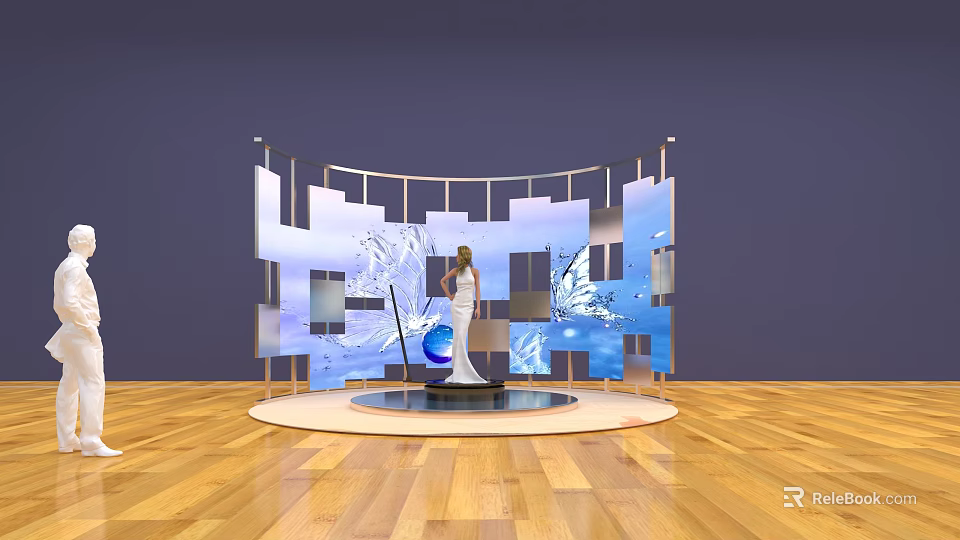 Modern Public Office Space Interior With Wooden Flooring Circular Platform And Blue White Patterned Screen 3d model 