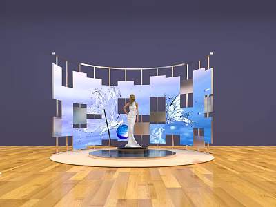 Modern Public Office Space Interior With Wooden Flooring Circular Platform And Blue White Patterned Screen 3d model