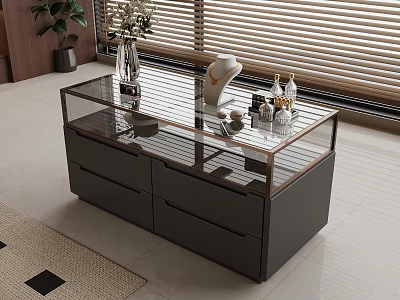 Elegant Modern Glass Jewelry Cabinet With Metal Frame And Decorative Items 3d model