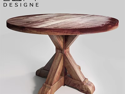 Round Solid Wood Dining Table Set With Cross Legs And Natural Grain Design 3d model