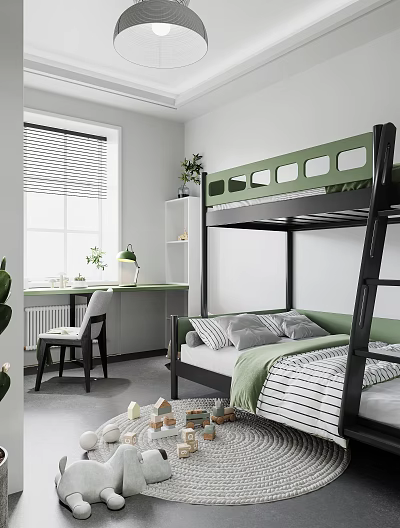 Kids Room Interior With Green And Black Bunk Bed Desk Chair Window Blinds And Plants 3d model