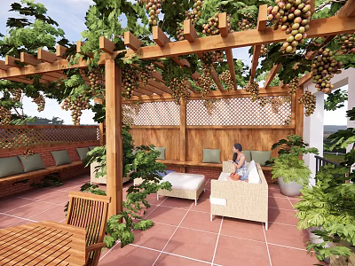 Wooden Pergola With Green Vines Grapes Outdoor Relaxing Seating And Terracotta Tiles 3d model