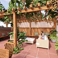Wooden Pergola With Green Vines Grapes Outdoor Relaxing Seating And Terracotta Tiles