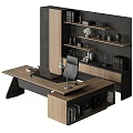 Modern Office Desk With Leather Chair Laptop Desk Lamp And Wooden Shelving Unit