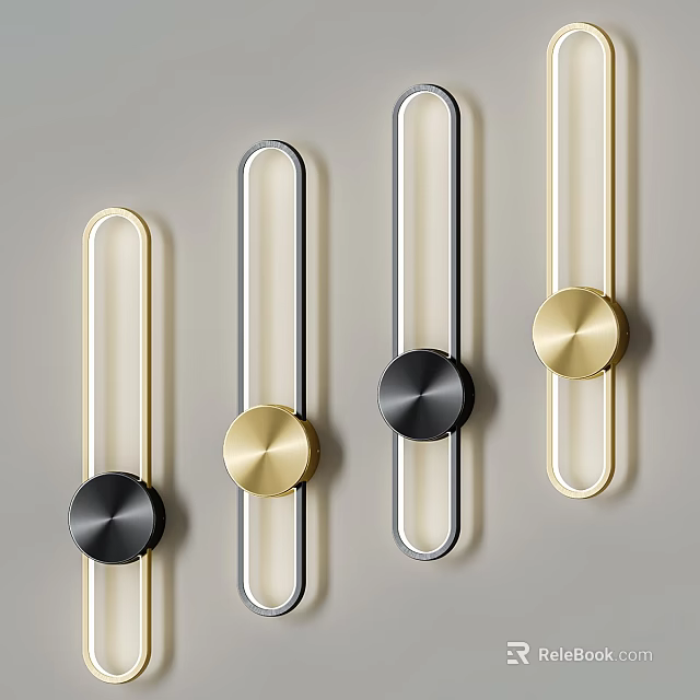 Sleek Modern Wall Lamps With Metal Strip Design And Round Black Brass Gold Bases 3d model 